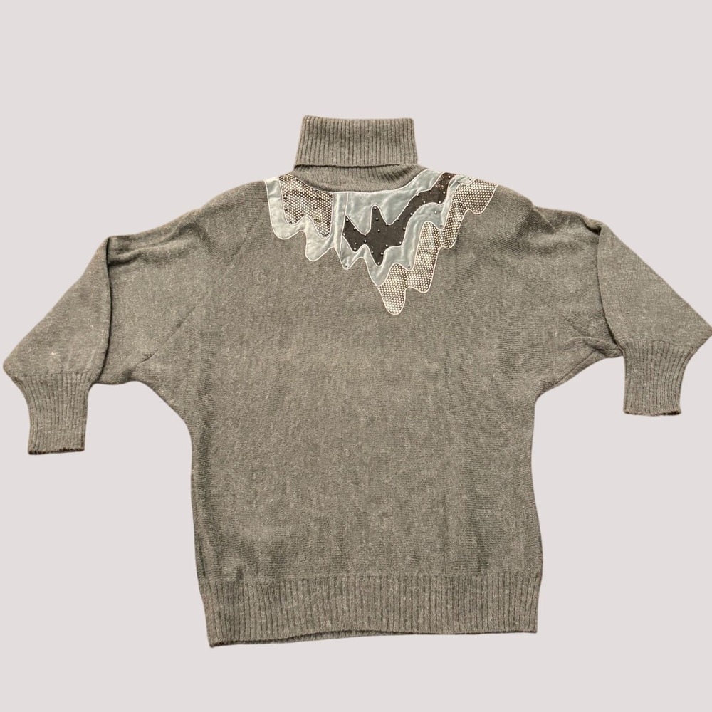 Vintage 80s Abstract Oversized Sweater Dress Large Shoulder Pads Turtleneck Grey
